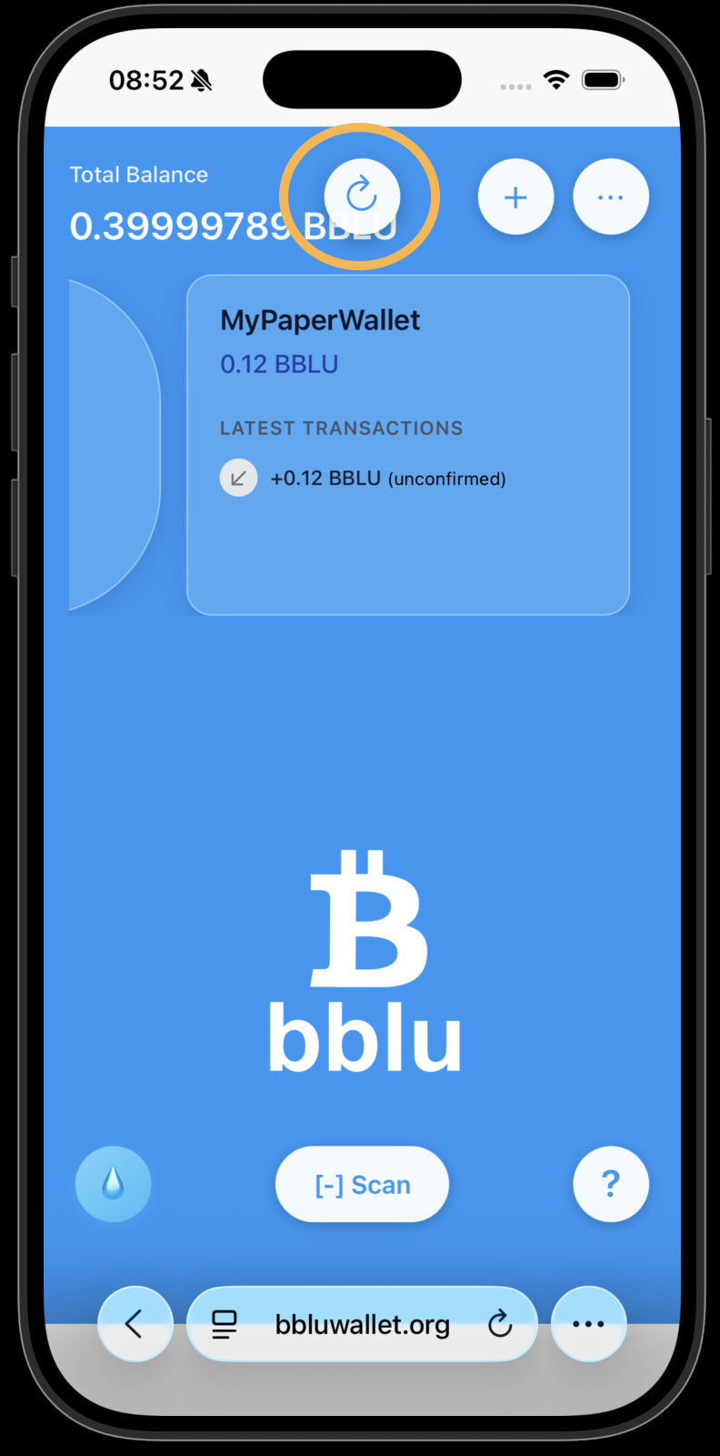 Main screen showing the carousel, two wallets with new balances