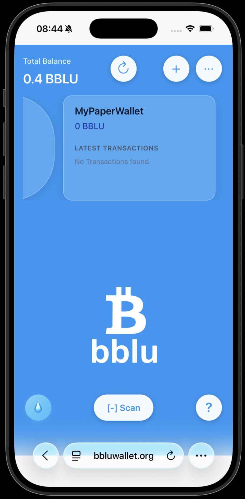 Main screen showing BBLU-DROP Wallet and private wallet
