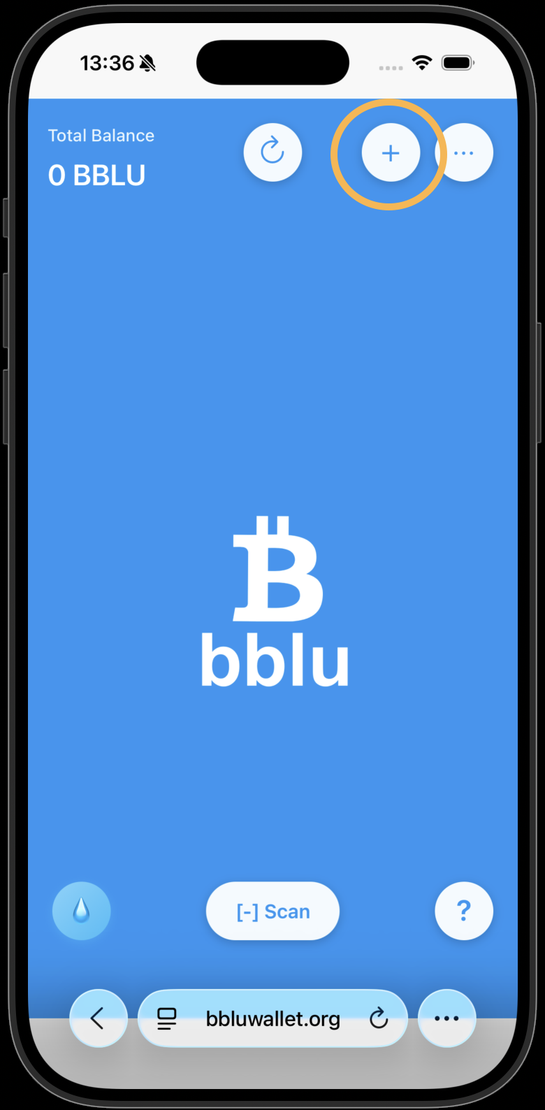 + button highlighted on empty main screen