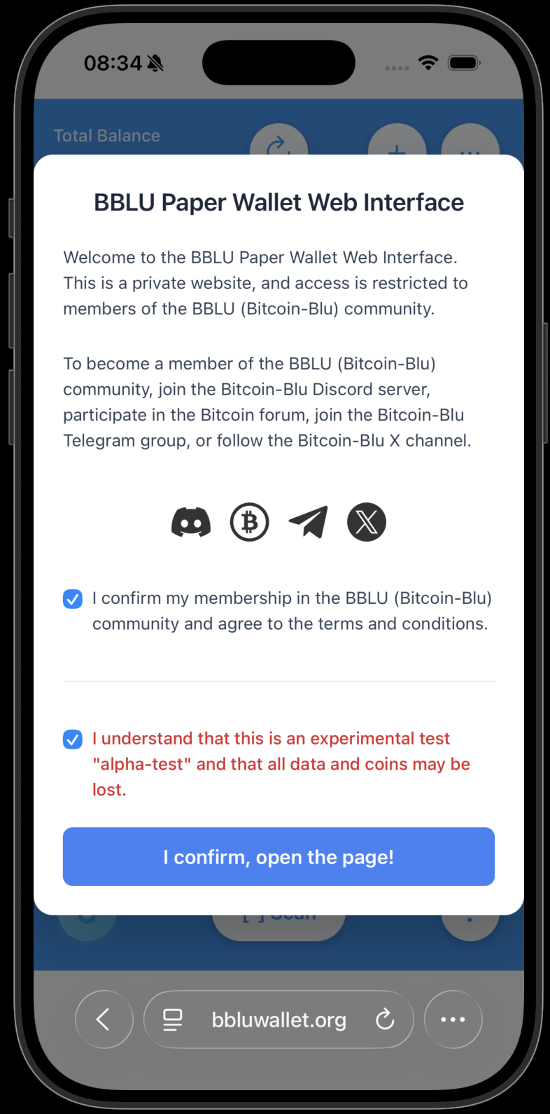 Welcome screen – BBLU Paper Wallet Web Interface